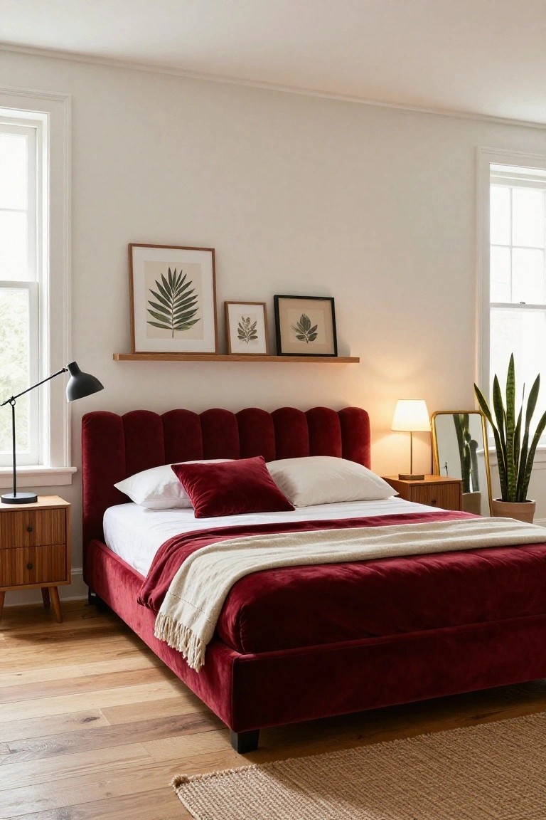 Bedroom interior with red velvet tufted upholstered bed frame, white bedding and pillows, wooden nightstands with lamps, botanical prints on wooden shelf above bed, snake plant in corner, white walls, and hardwood floors with beige rug.