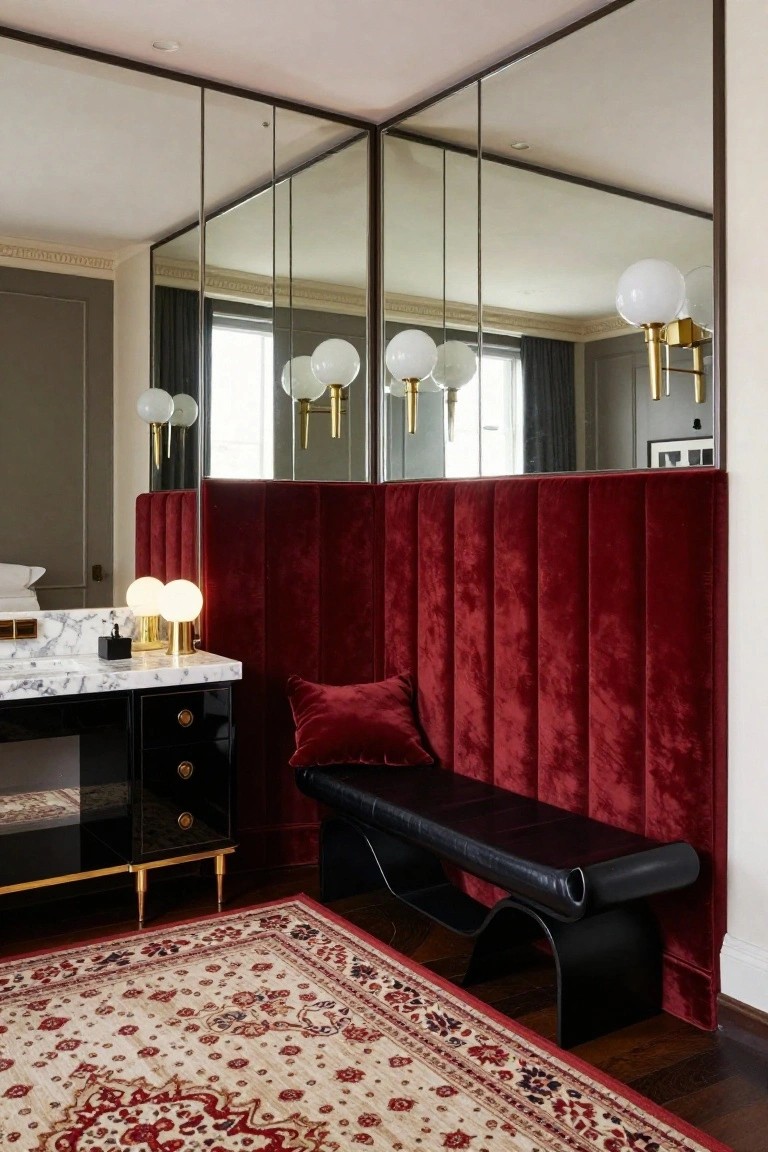 Corner of a bedroom with a tall cherry red tufted velvet wall panel beside a black marble-topped vanity with gold lamps, a black leather bench, mirrors on adjacent walls, and a patterned rug on wood flooring.