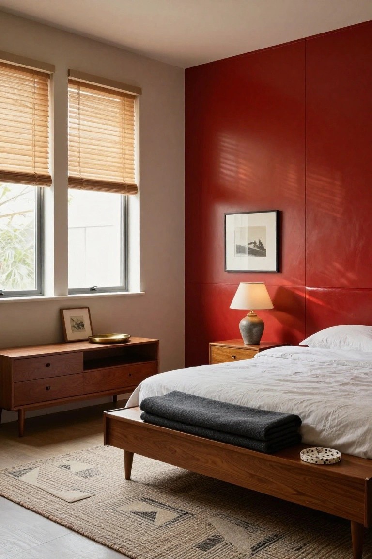 Bedroom interior with glossy cherry red accent wall behind low wooden platform bed with white bedding and gray throw, wooden nightstand with lamp, wooden dresser, framed art on walls, and windows with bamboo blinds.
