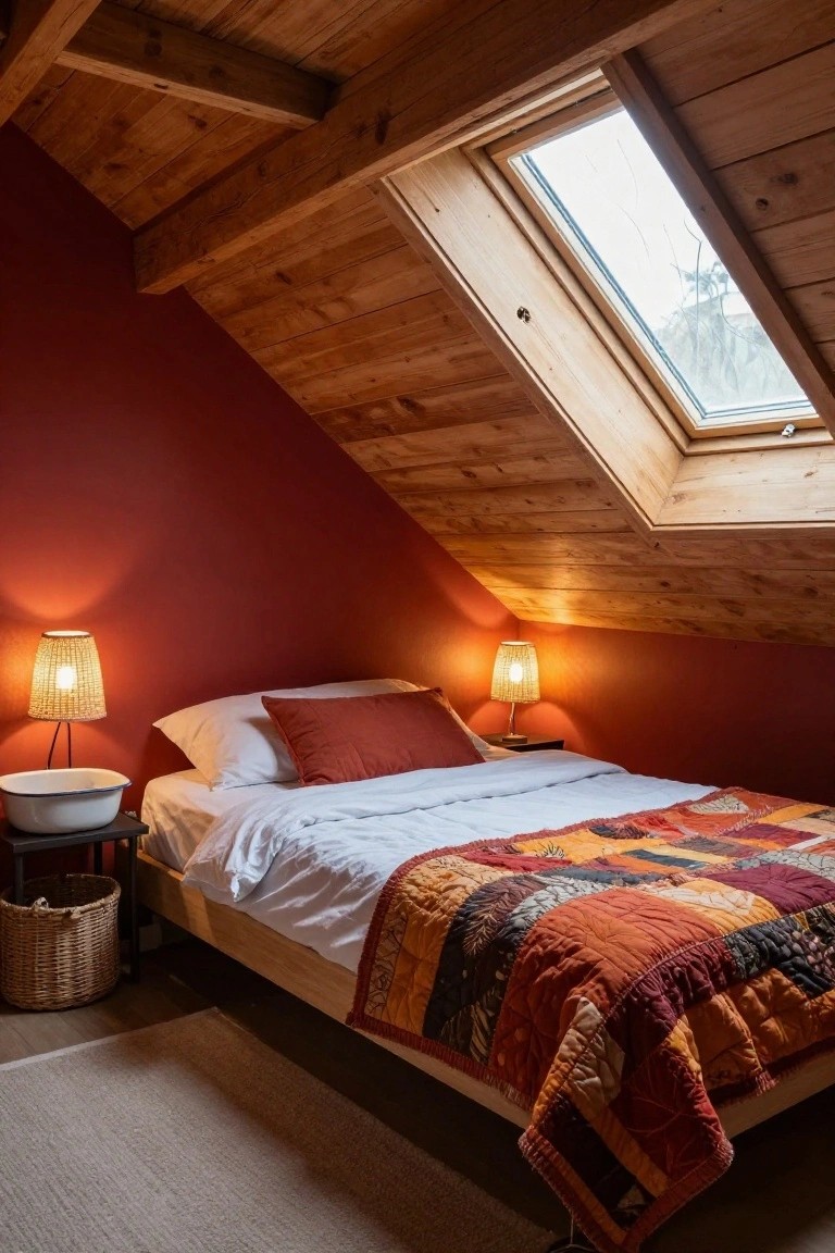 Cozy attic bedroom with red walls, wooden ceiling, quilted bed, and skylight.