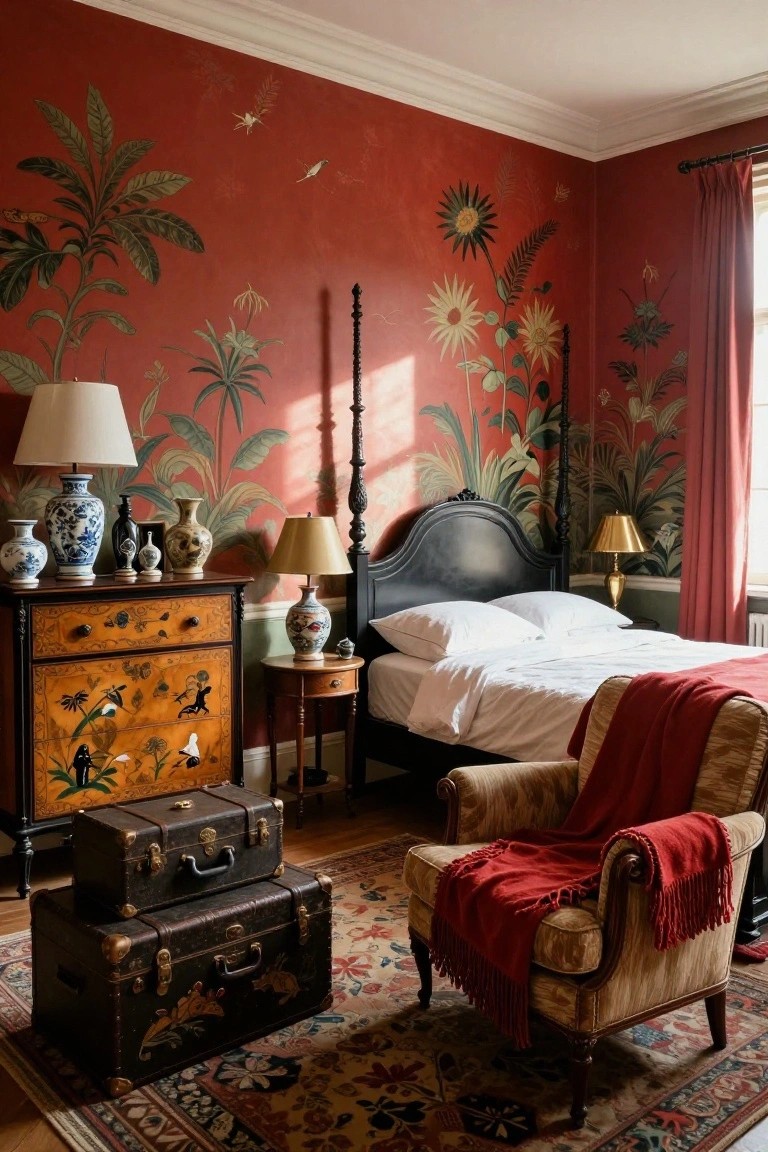 A bedroom with cherry red walls painted in tropical foliage and flowers, featuring a black four-poster bed with white linens, an ornate wooden dresser topped with blue-and-white vases, stacked vintage suitcases, and a upholstered armchair draped in a red throw on a patterned rug.