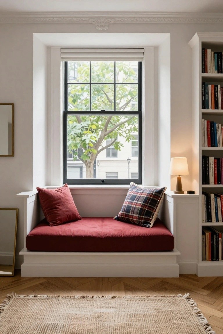 Built-in window seat with solid red cushion and plaid pillow flanked by white bookshelves next to a large window showing a green tree outside, on herringbone hardwood floors with a seagrass rug.