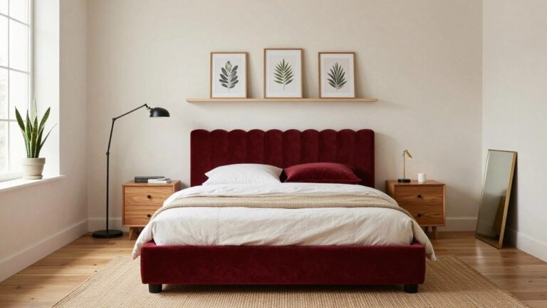 21 Cherry Red Bedroom Ideas Bedroom interior with red velvet tufted upholstered bed frame, white bedding and pillows, wooden nightstands with lamps, botanical prints on wooden shelf above bed, snake plant in corner, white walls, and hardwood floors with beige rug.
