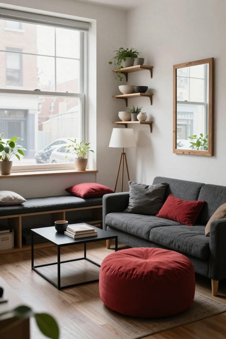Modern living room with gray L-shaped sofa topped with red and gray pillows, a red pouf, black metal coffee table, plants on shelves and windowsill, and a full-length mirror near a large window.