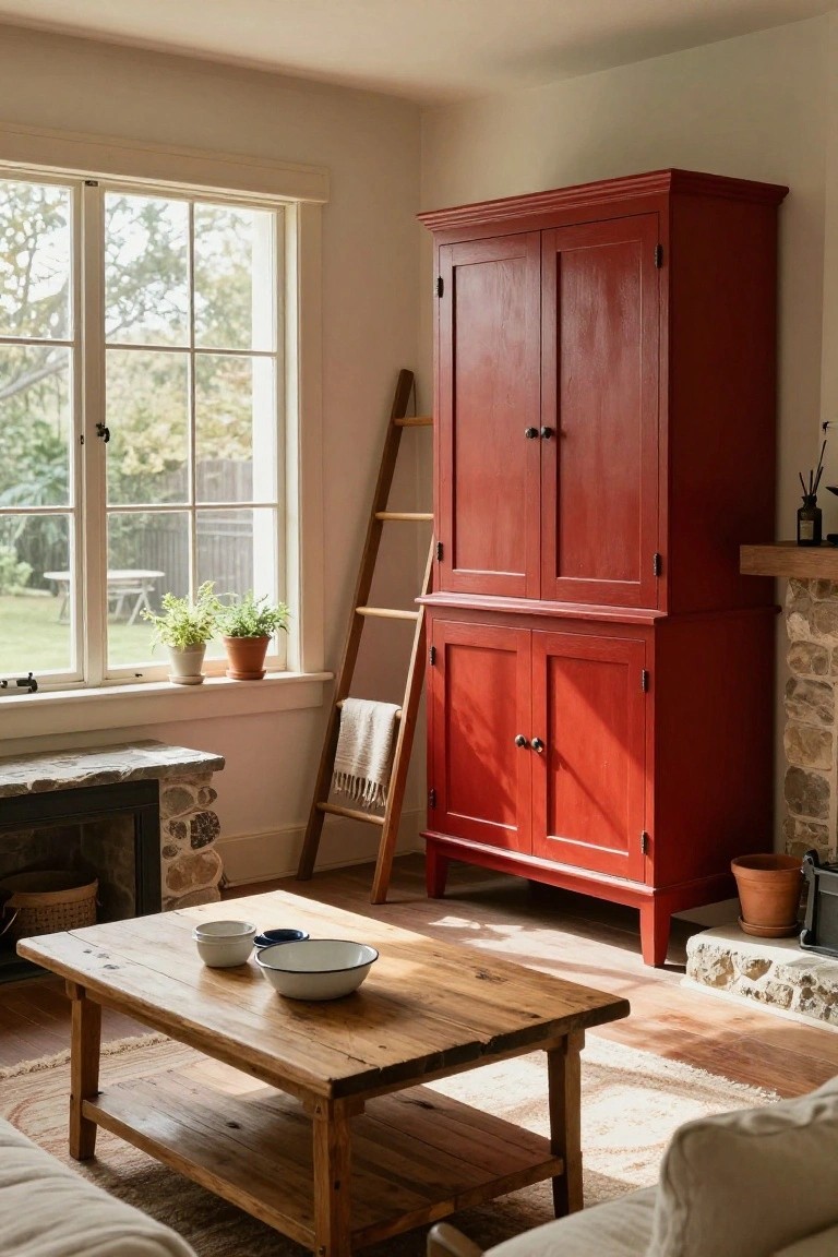 Living room with tall red wooden armoire next to window with garden view, wooden coffee table holding bowls, ladder with throw, plants on sill, and stone fireplace.