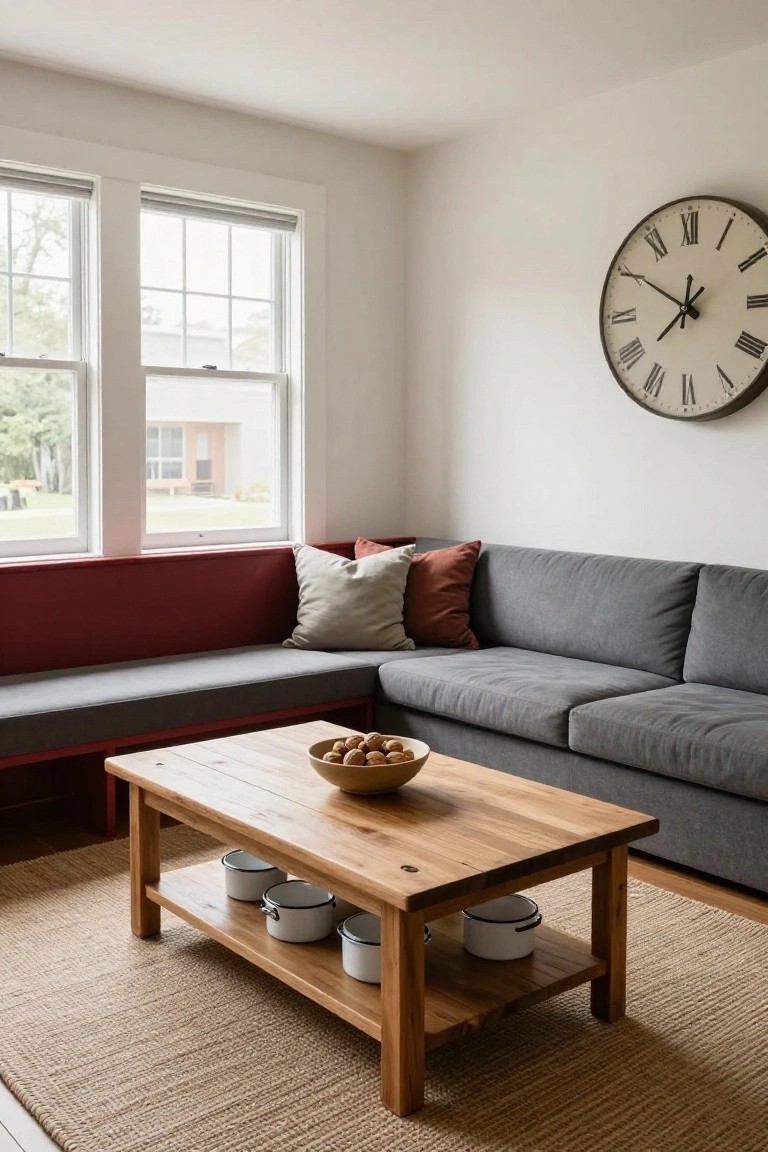 Living room corner with gray L-shaped sofa and bench against cherry red backing, wooden coffee table with wooden bowl of oranges and white enamel bowls on lower shelf, beige rug, windows with blinds, large white wall clock.