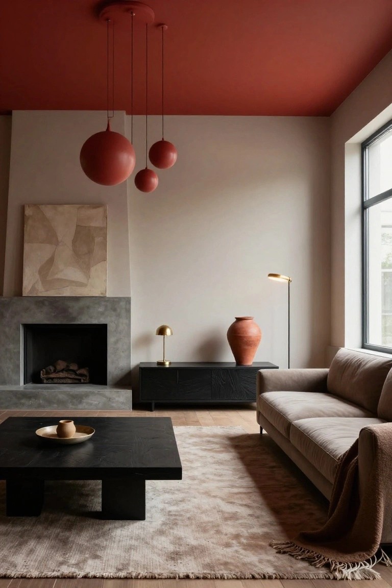 Living room with cherry red ceiling and three hanging red globe pendant lights, beige walls with abstract art, concrete fireplace, gold table lamps, black sideboard with terracotta vase, beige sofa, black coffee table on light rug, and wooden floors.