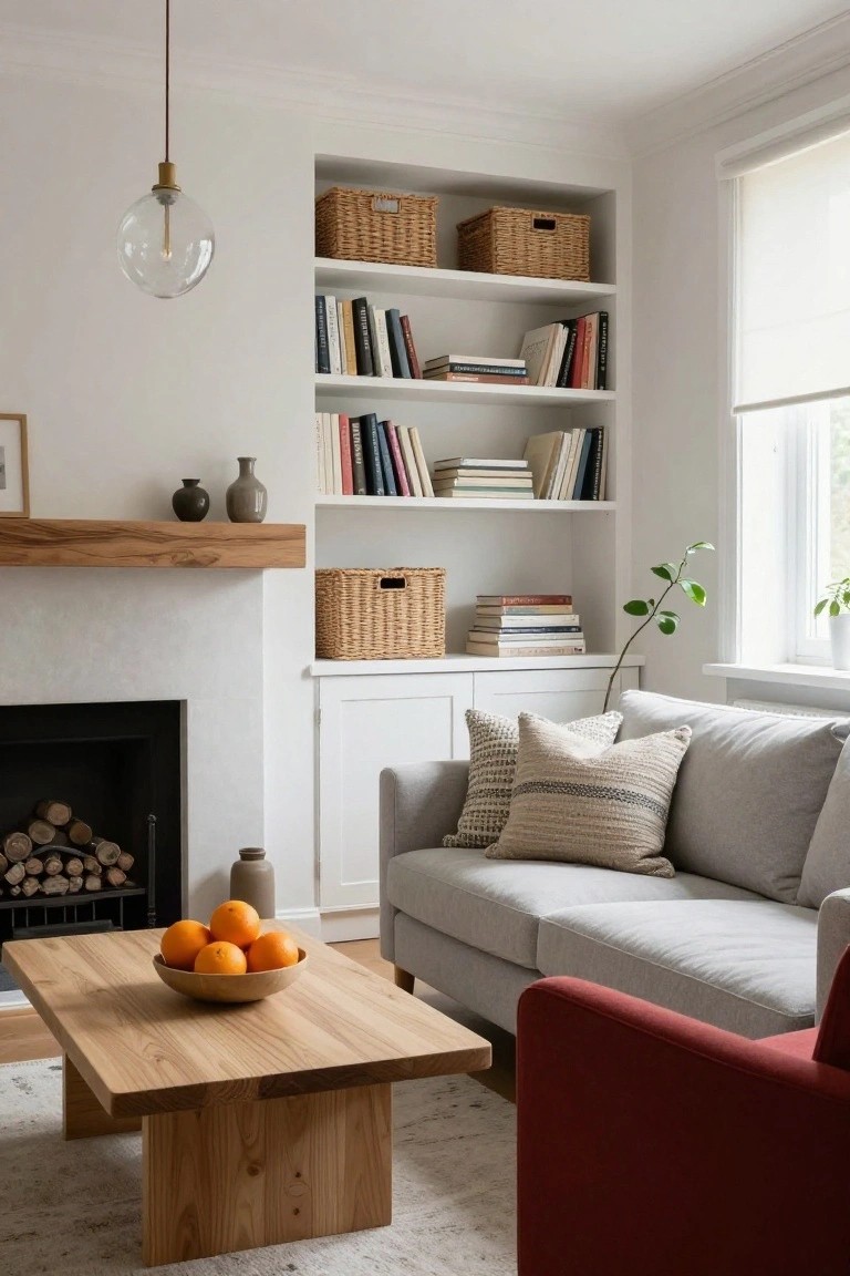 Living room corner with gray sofa and pillows, red armchair, low wooden coffee table holding a bowl of oranges, white built-in bookshelves and cabinets, oak mantel over fireplace, plants, and large glass pendant light.