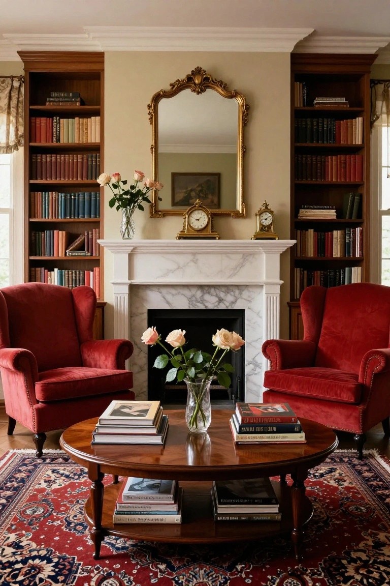 Traditional living room with two cherry red velvet wingback armchairs facing each other across a round wooden coffee table in front of a marble fireplace, flanked by tall wooden bookshelves filled with books, gold-accented clock and mirror above the mantel, and vases of pink roses.