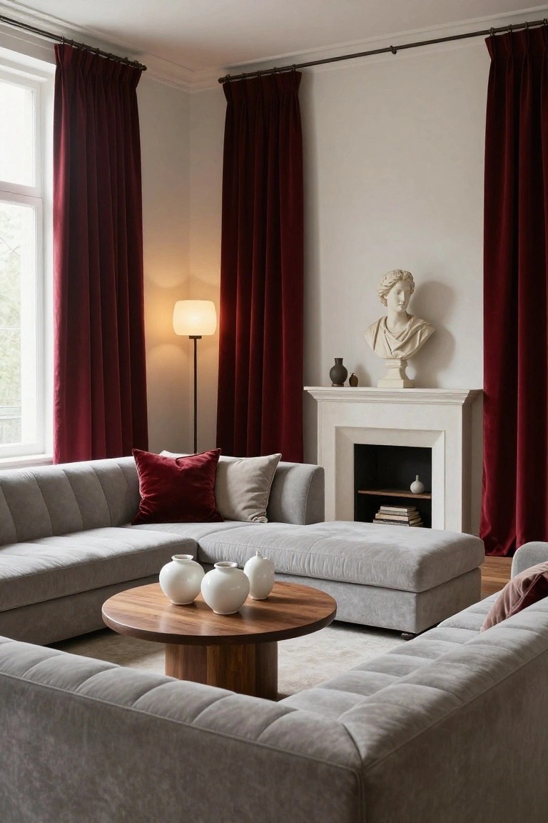 Modern living room interior with gray velvet L-shaped sectional sofa and ottoman, cherry red floor-length curtains on tall windows flanking a marble fireplace with classical bust above, white floor lamp, wooden coffee table with white vases, and beige rug.
