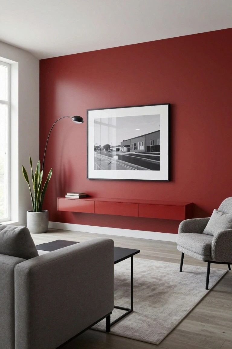Modern living room corner with cherry red feature wall, large framed black-and-white photo of buildings, red floating shelf holding books, tall snake plant in concrete pot, arc floor lamp, two gray armchairs, black metal coffee table, and light wood flooring.