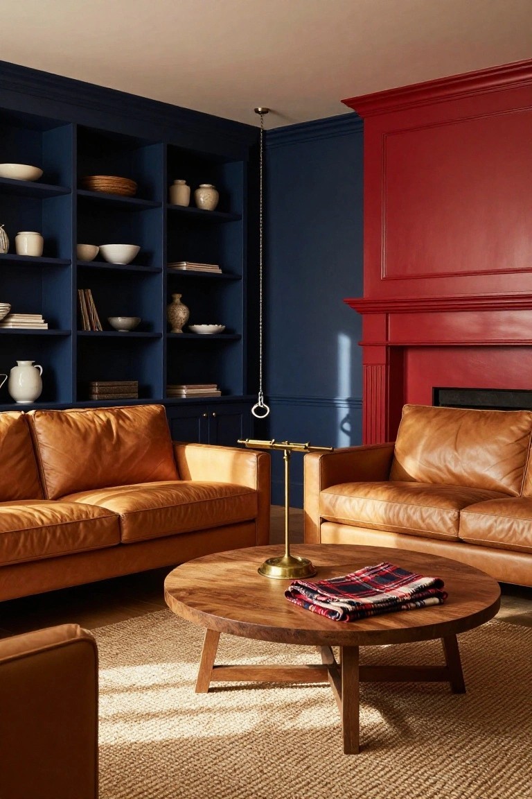 Living room with navy blue built-in bookshelves on one wall, cherry red wall with fireplace on the other, two tan leather sofas, round wooden coffee table with plaid throw, and seagrass rug.
