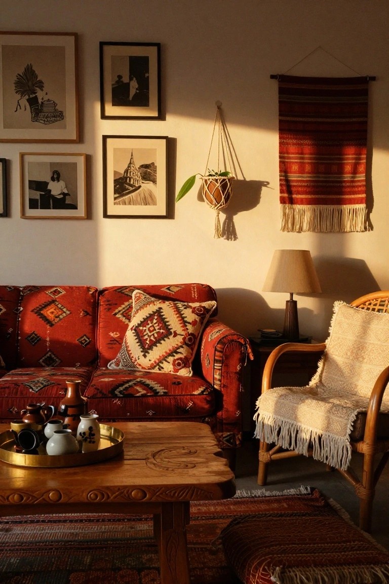 Sunlit living room interior with red patterned kilim sofa, wooden coffee table with ceramic pots and teapots on gold tray, rattan chair, wall art, hanging plant, and layered rugs.