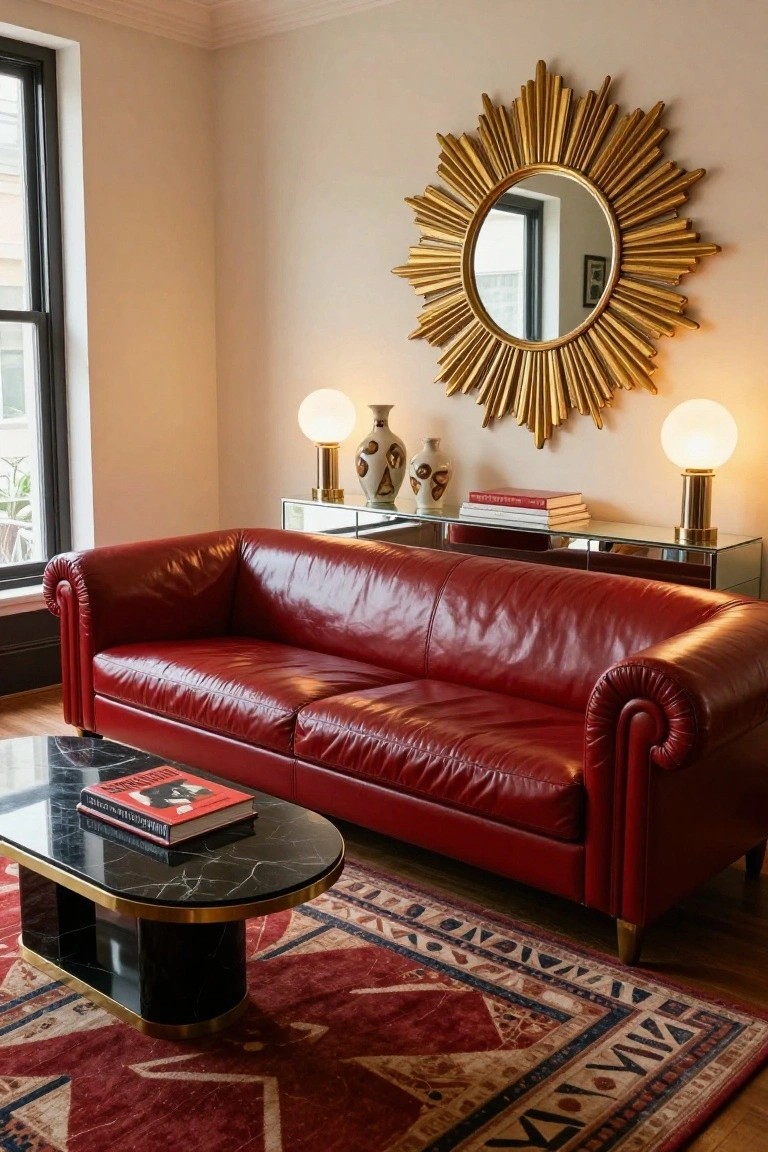 Living room with red tufted leather sofa, gold sunburst mirror above glass credenza holding lamps and vases, black marble coffee table on red patterned rug.