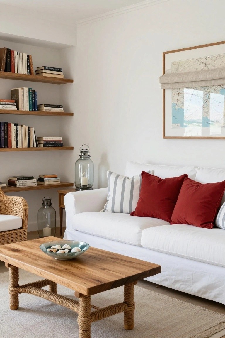 White slipcovered sofa with cherry red velvet pillows, striped pillows, rattan armchair, wooden coffee table holding a bowl of seashells, bookshelves, and glass lanterns in a light wood and white living room corner.