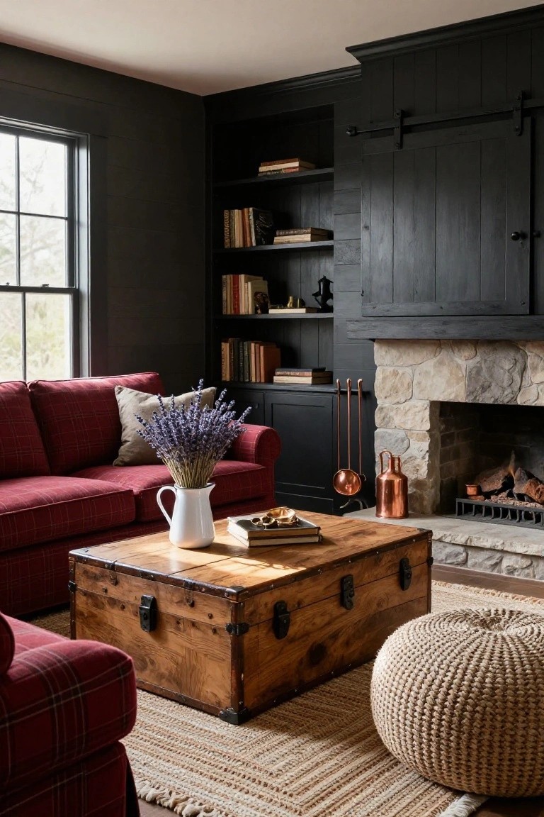 Living room interior with red plaid sofa, white pitcher of lavender flowers, wooden trunk coffee table, seagrass rug, ottoman, stone fireplace, and dark wood bookshelves.