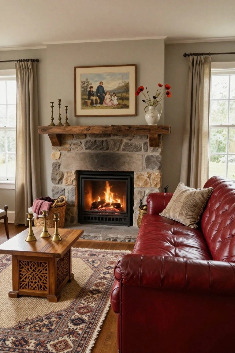 Living room interior with a tufted red leather sofa facing a lit stone fireplace, wooden coffee table, beige rug, neutral walls, and linen curtains on windows.