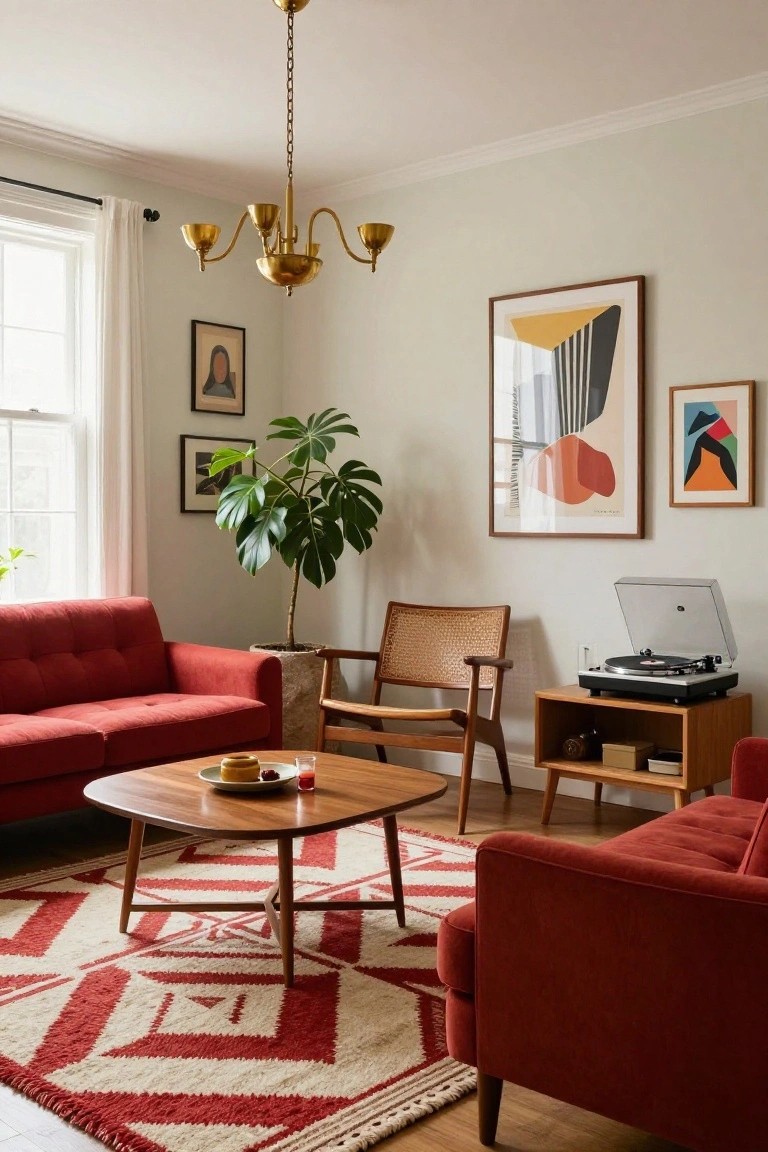 Living room with two cherry red upholstered sofas, wooden oval coffee table, rattan armchair, geometric red and white rug, monstera plant in textured pot, abstract wall art, brass chandelier, and record player on wooden stand.
