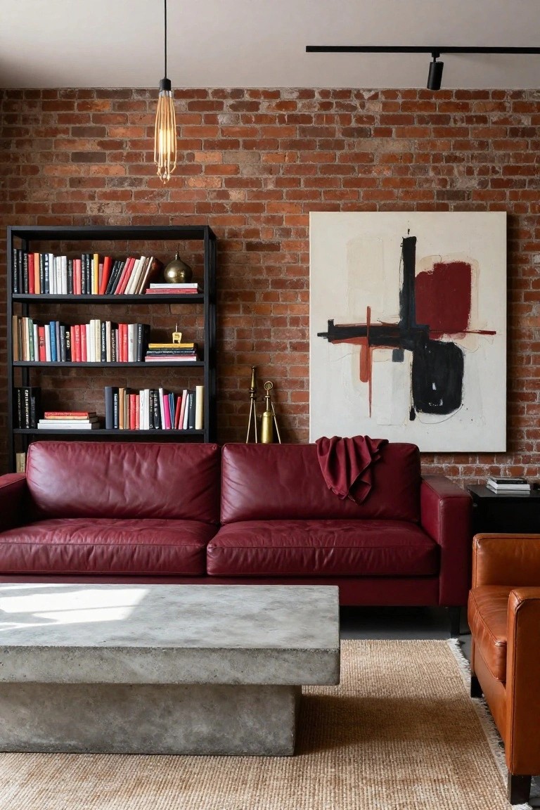 Living room with exposed brick walls, L-shaped cherry red leather sofa draped with a throw, black metal bookshelf with books, large abstract painting, concrete coffee table, orange leather armchair, and seagrass rug.