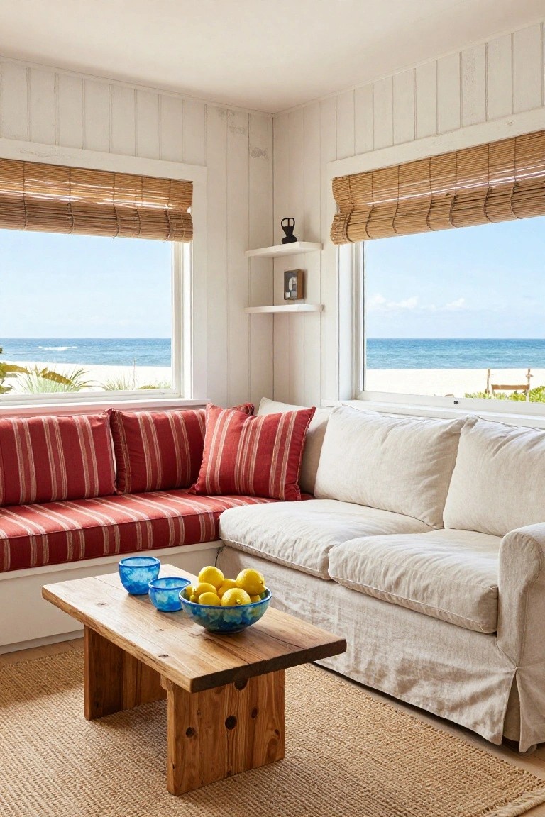 Living room corner with red striped bench cushions, white slipcovered sofa, wooden coffee table holding blue bowls and lemons in a white shiplap room with bamboo shades and ocean view through large windows.