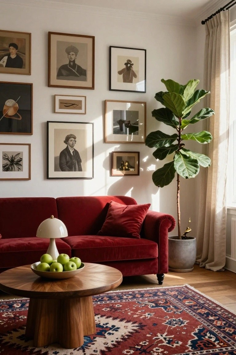 Living room with cherry red velvet sofa, round wooden coffee table holding bowl of green apples, tall fiddle leaf fig in gray pot, eclectic gallery wall of framed artwork above, red and blue Persian rug on hardwood floor, beige curtains at window.
