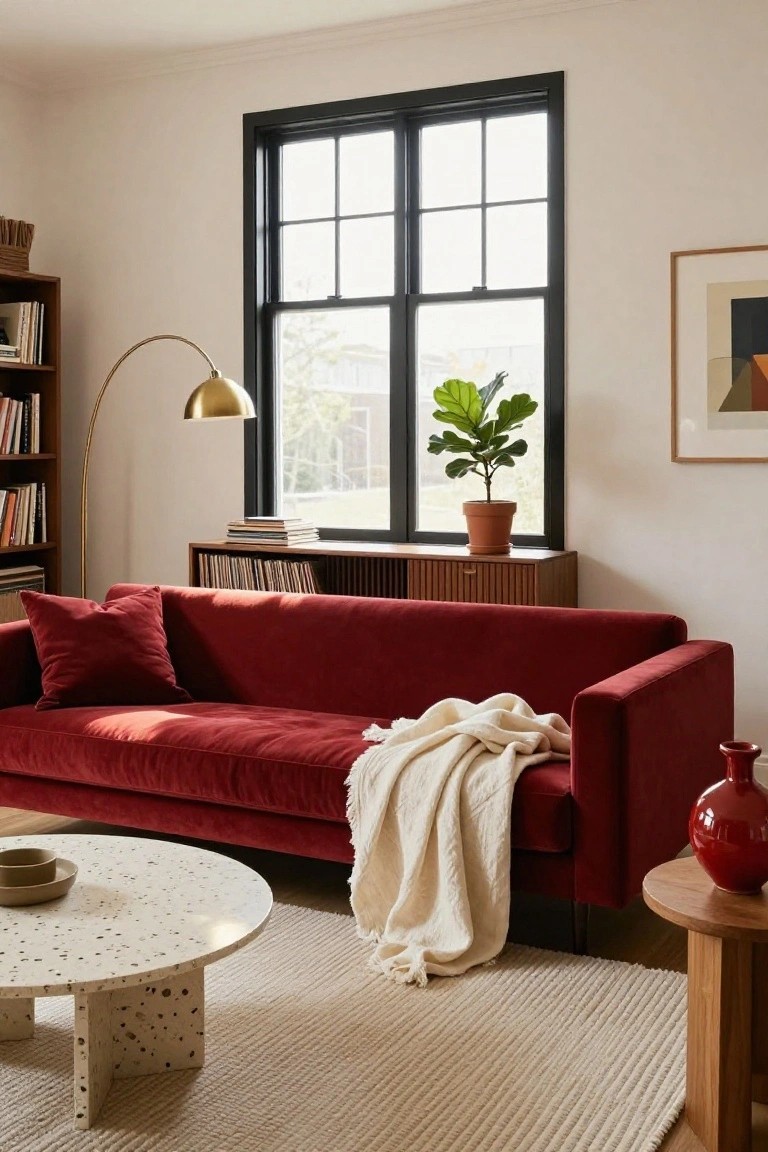 Living room interior with red velvet sofa draped in white throw, speckled white round coffee table, wooden bookshelves with records, gold arc lamp, red vase on side table, and window with ficus plant.