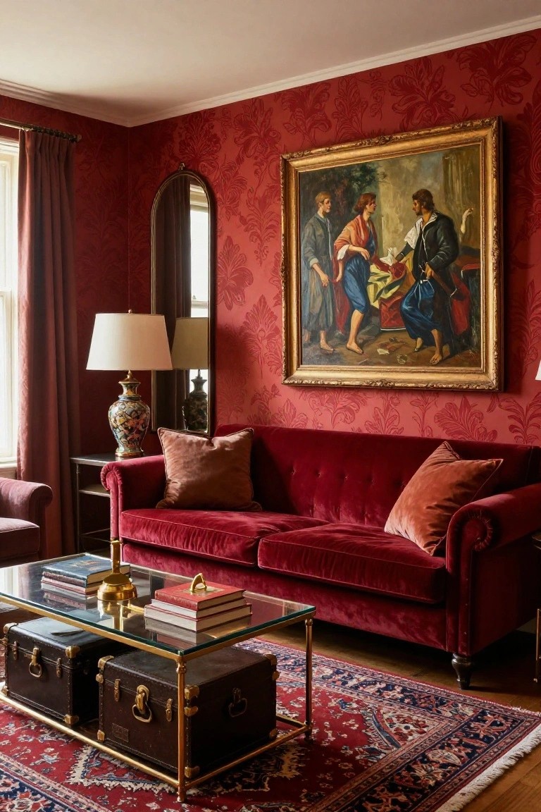 Living room interior with red floral wallpaper, gold-framed painting of figures, cherry red velvet tufted sofa, glass coffee table on leather storage trunks, brass lamp, and red Persian rug.