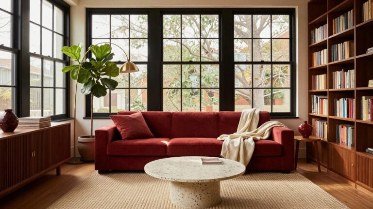 Living room interior with red velvet sofa draped in white throw, speckled white round coffee table, wooden bookshelves with records, gold arc lamp, red vase on side table, and window with ficus plant.
