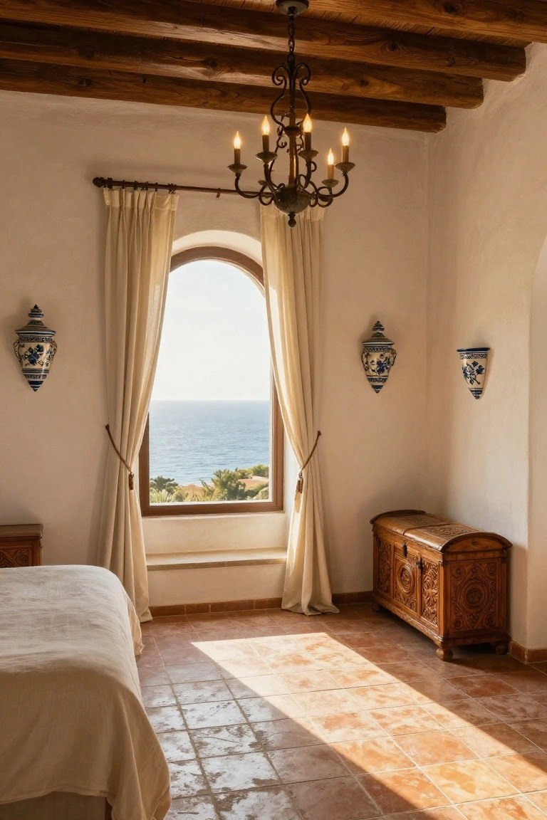 Sunlit corner of a white-walled bedroom featuring a large arched window with cream curtains overlooking the ocean, wooden beamed ceiling, terracotta tile floor, white bed, carved wooden chest, iron chandelier, and blue and white ceramic wall sconces.