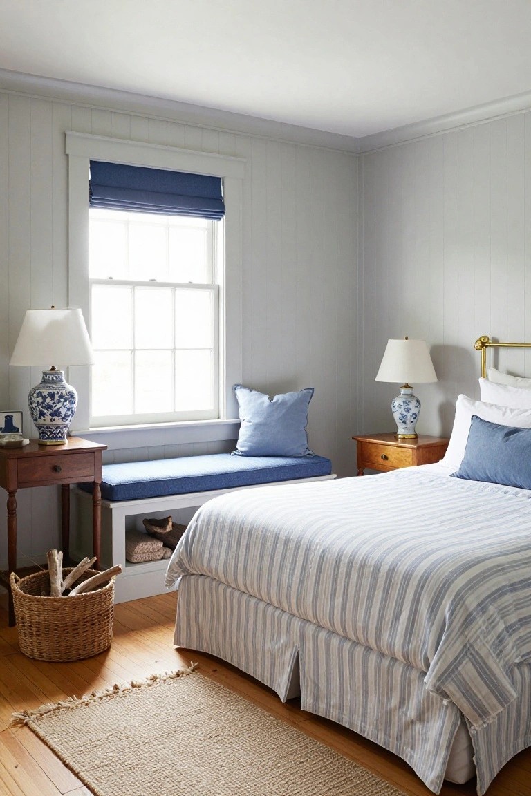 Bedroom interior with light gray shiplap walls, a wood-framed queen bed covered in blue and white striped bedding and pillows, wooden nightstands holding blue and white porcelain vases and lamps, a blue cushioned window seat, hardwood floors, and a beige seagrass rug.