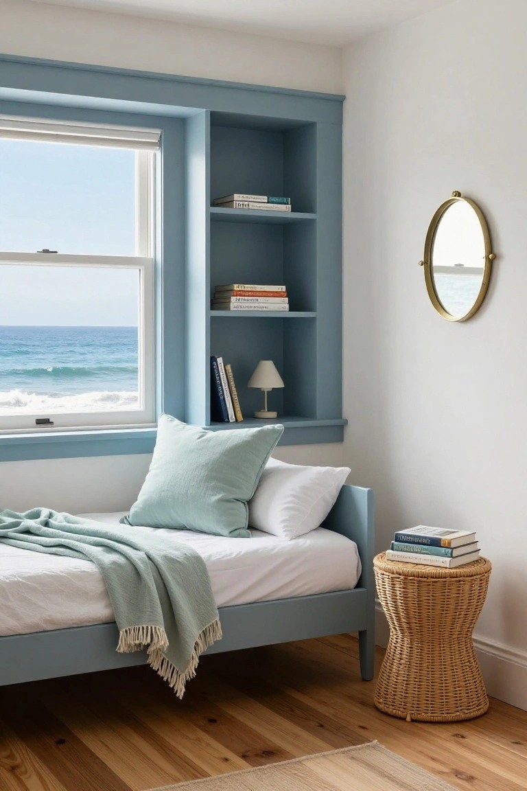 A coastal bedroom with a blue daybed under white pillows and a green throw, flanked by built-in blue shelving around a large window showing ocean waves, plus a gold mirror, table lamp, rattan stool with stacked books, and hardwood floors.