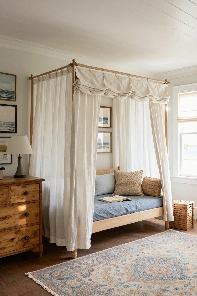 A bedroom with a low wooden canopy daybed draped in white linen, blue bedding and pillows on the mattress, next to a wooden dresser and lamp, coastal artwork on walls, patterned rug on wood floor, and window with blinds.