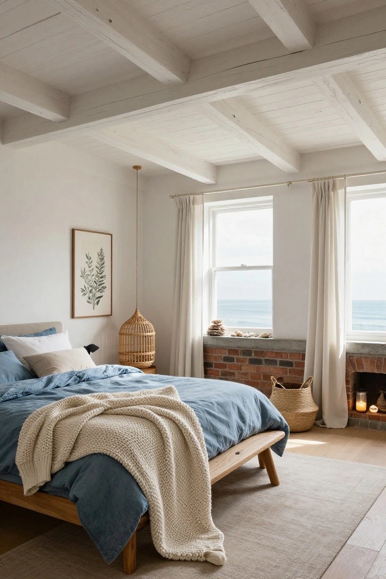 Coastal bedroom featuring exposed whitewashed wooden beams on the ceiling, a wooden bed with blue linens and white throw, large curtained windows overlooking the ocean, rattan decor, and a brick ledge with candles.
