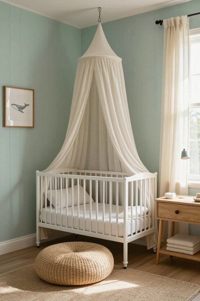 White wooden crib with tall conical sheer white canopy in corner of mint green paneled nursery, whale artwork on wall, oak side table with linens, rattan pouf on seagrass rug.