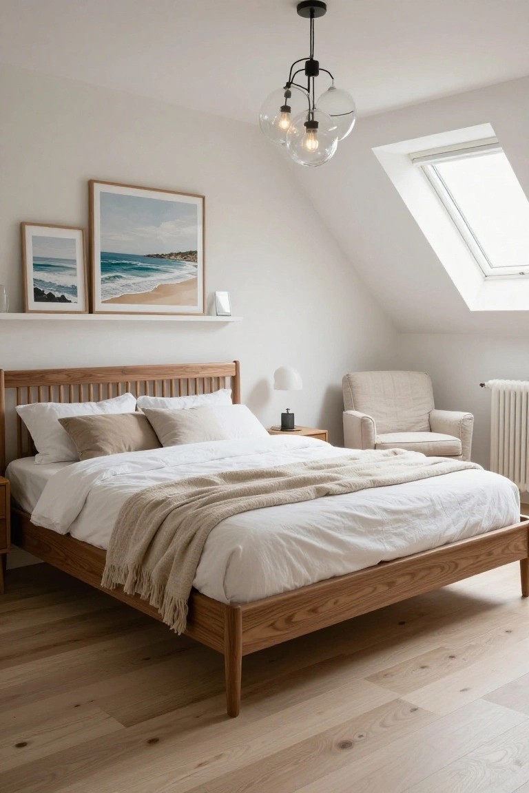 Bedroom with light oak wood bed frame and flooring, white bedding with beige throw, neutral armchair and lamp, wall shelf holding two framed ocean photos, pendant light fixture, and sloped white ceiling with skylight.