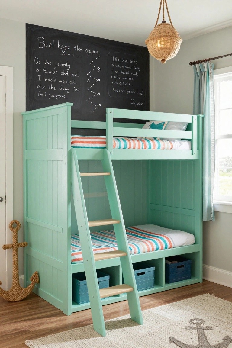 Mint green wooden bunk bed with ladder, striped bedding on both levels, storage drawers and bins underneath, chalkboard wall with children's drawings, nautical rope anchors, and rattan pendant light in a light blue and white bedroom.