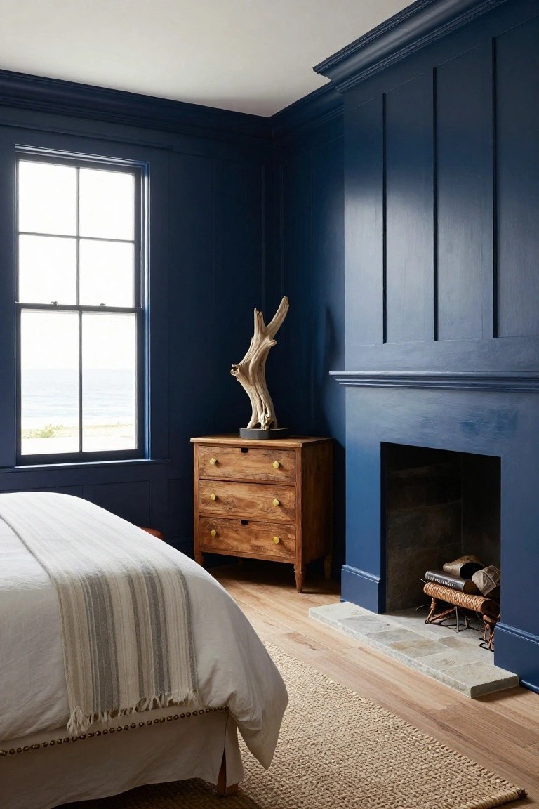Bedroom with navy blue paneled walls, large window overlooking ocean, wooden dresser and driftwood sculpture beside stone fireplace with firewood basket, white bed with striped throw on hardwood floor and seagrass rug.