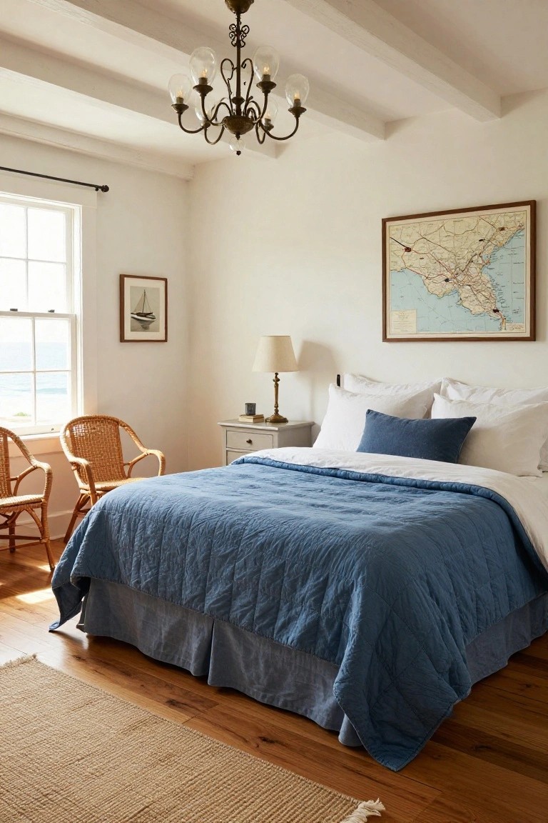 White-walled bedroom with king bed topped by navy blue quilted bedspread on white sheets, rattan armchairs nearby, nautical map and boat painting on walls, lamp on nightstand, and ocean view through window.