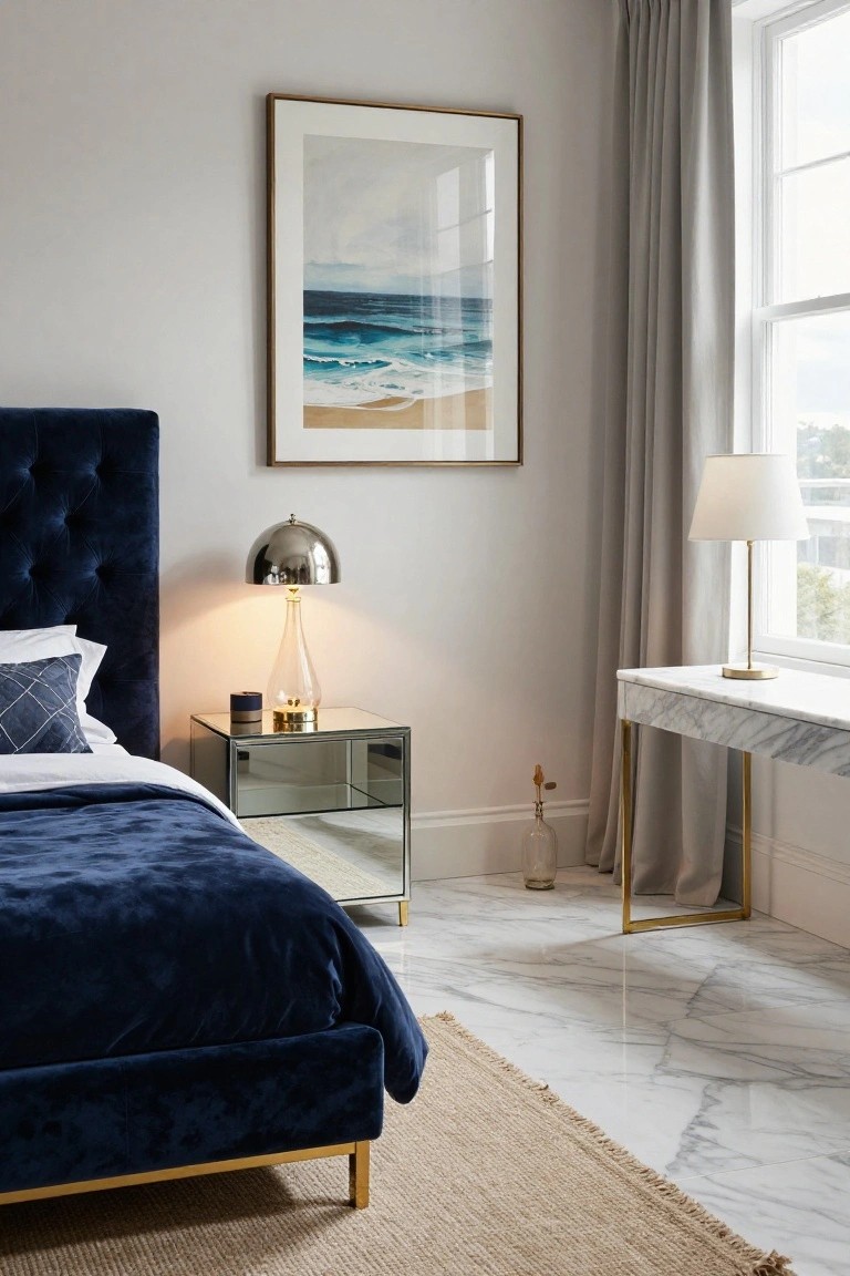 Bedroom interior with navy velvet tufted bed on gold legs, mirrored bedside table with glass lamp, large framed painting of ocean waves above bed, white marble desk with lamp by window with gray curtains, white marble floor and beige rug.