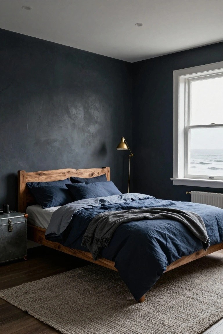 Bedroom interior with dark textured navy walls, live-edge wooden bed frame, navy linen bedding and pillows, gold arc lamp, metal trunk nightstand, seagrass rug, and window showing ocean waves.