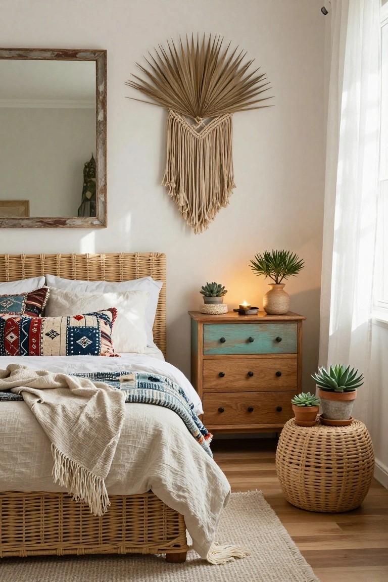Bedroom with wicker bed frame, wooden dresser painted turquoise drawers, potted succulents and plants on nightstand, macrame wall hanging, palm leaf art, and rattan stool beside bed.