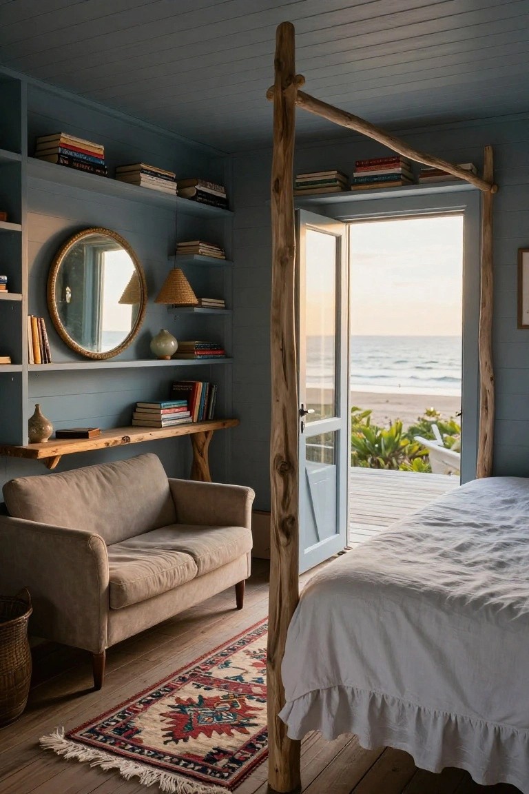 A bedroom interior featuring a four-poster bed with thick natural wood posts, built-in bookshelves on blue walls, a beige sofa, woven rug, and open French doors to a deck overlooking the ocean and beach.