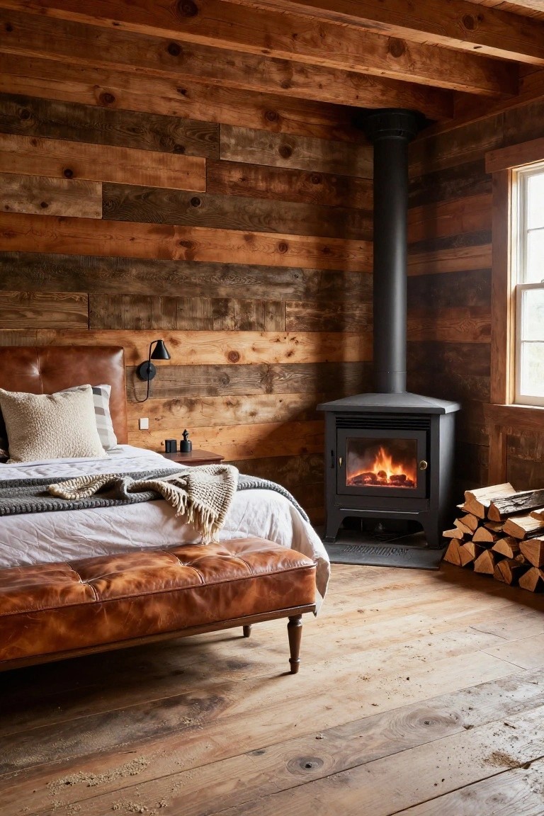 Bedroom with tan leather headboard and foot bench on white sheets, gray and cream throw blankets, black freestanding wood stove burning in corner with firewood stack, reclaimed wood walls ceiling and floor, small window, and wall lamp.
