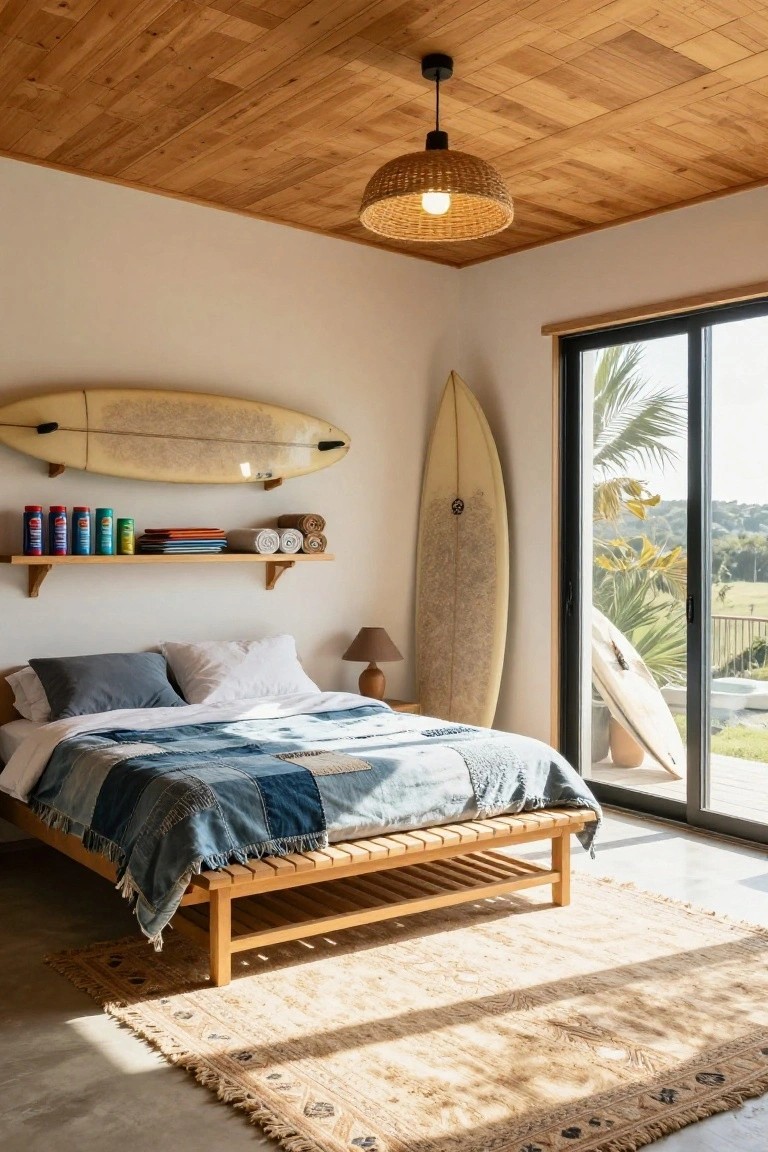 Coastal bedroom interior featuring a wooden slat ceiling, rattan pendant light, platform bed with denim quilt, two mounted surfboards on white walls with a shelf of towels and books, and sliding glass doors to an outdoor palm view.