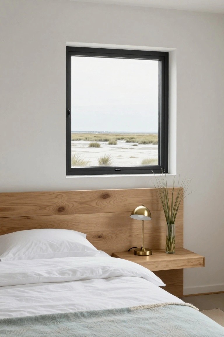 Bedroom with light wood headboard and floating oak nightstand holding a gold lamp and vase of tall grasses, white bedding with light green throw, large black-framed window showing sandy dunes and beach grass outside.
