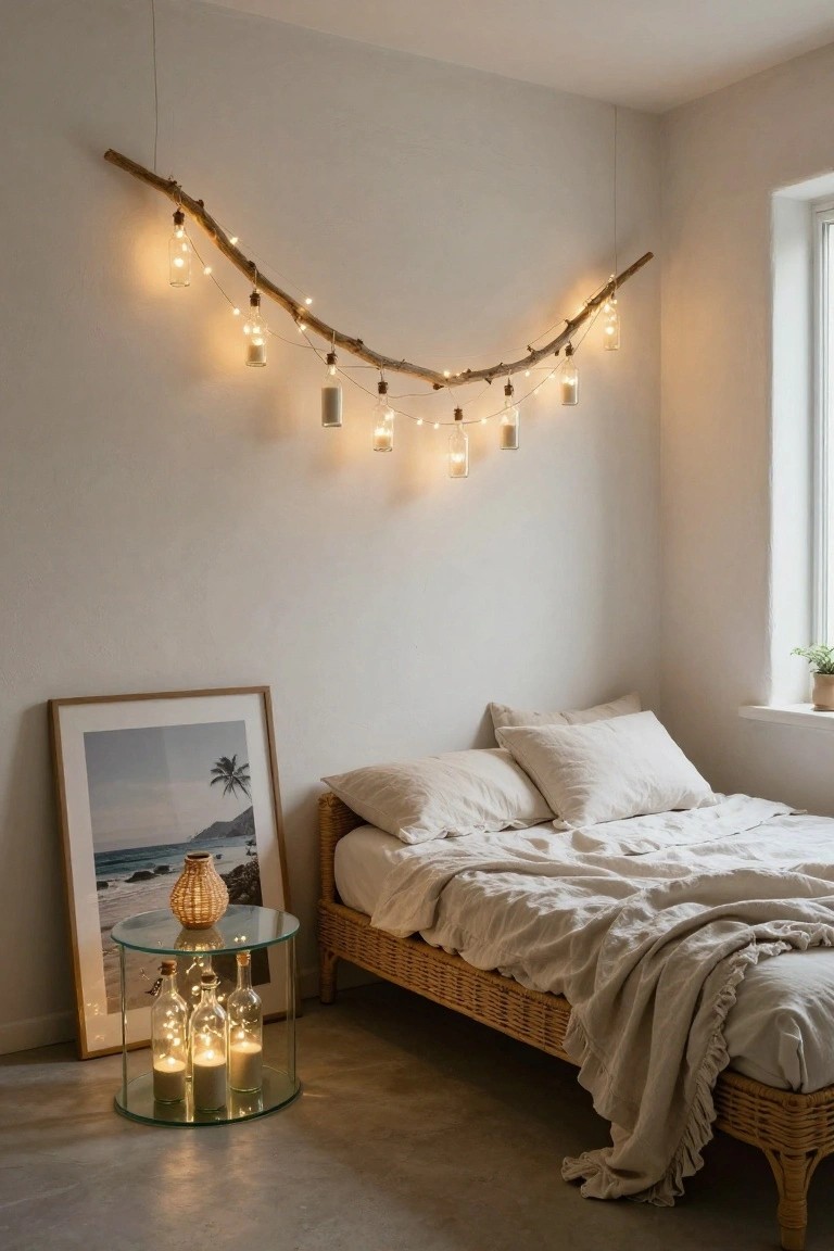 White bedroom corner with rattan bed draped in white linens, glass side table holding three lit glass bottles with sand, framed beach landscape print leaning nearby, and wooden branch garland overhead strung with fairy lights and hanging glass jars and bottles.