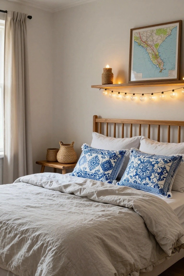 A cozy bedroom with a wooden spindle bed frame, gray linen duvet and shams, blue embroidered pillows, wicker baskets on a wooden side table, a floating oak shelf above the bed lit with warm string lights and holding a rope candle cover, and a framed coastal map on the wall beside sheer curtains.