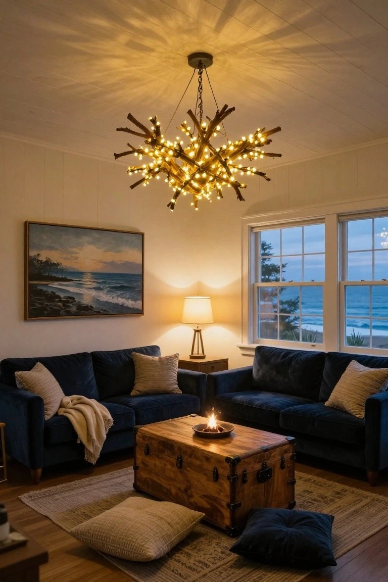 Living room interior with navy velvet sofas arranged around a wooden trunk coffee table holding a lit candle, a hanging chandelier of branches wrapped in fairy lights, a painting of a beach sunset on the wall, a table lamp, floor pillows on a patterned rug, and double windows showing an ocean view at dusk.