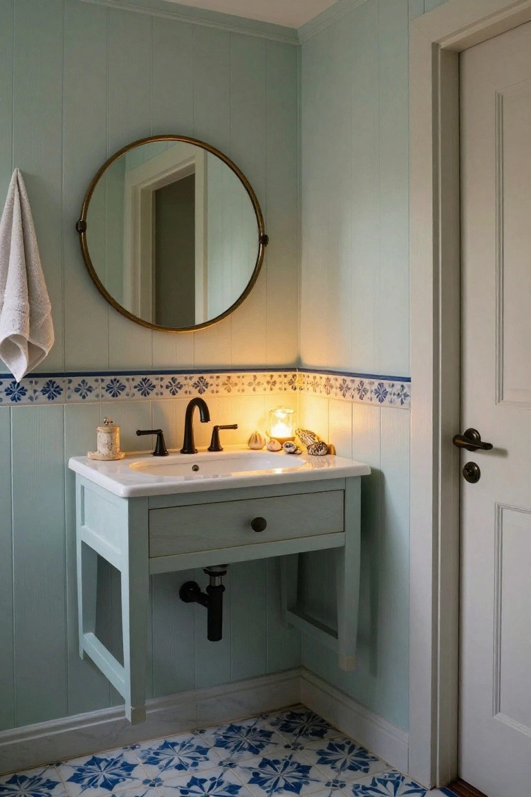 Corner bathroom with pale green shiplap walls, blue floral tile wainscot border and matching floor tiles, white pedestal sink on mint green vanity cabinet, brass round mirror above, lit glass candles and seashells on vanity, white towel hanging on wall, and white door with brass knob.