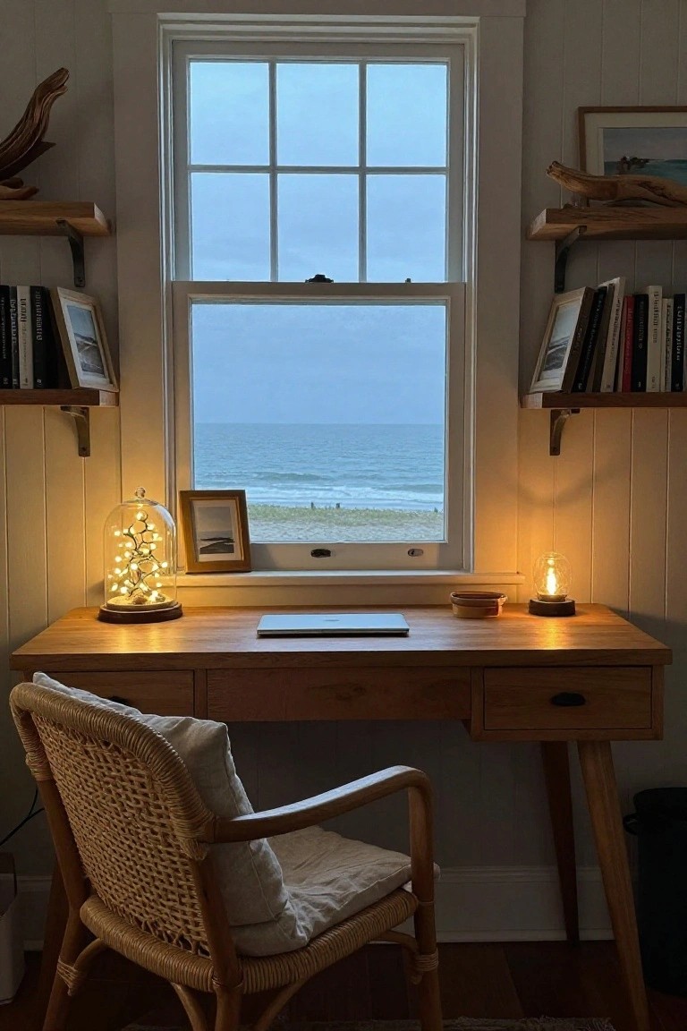 Wooden desk in a light-colored interior room with a glass dome filled with fairy lights on a base, rattan chair, bookshelves with books and decor, and large window showing ocean view.